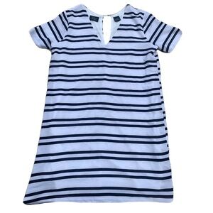 💜 Press Dress White Navy Striped V-Neck Short Sleeve Dress Size Small